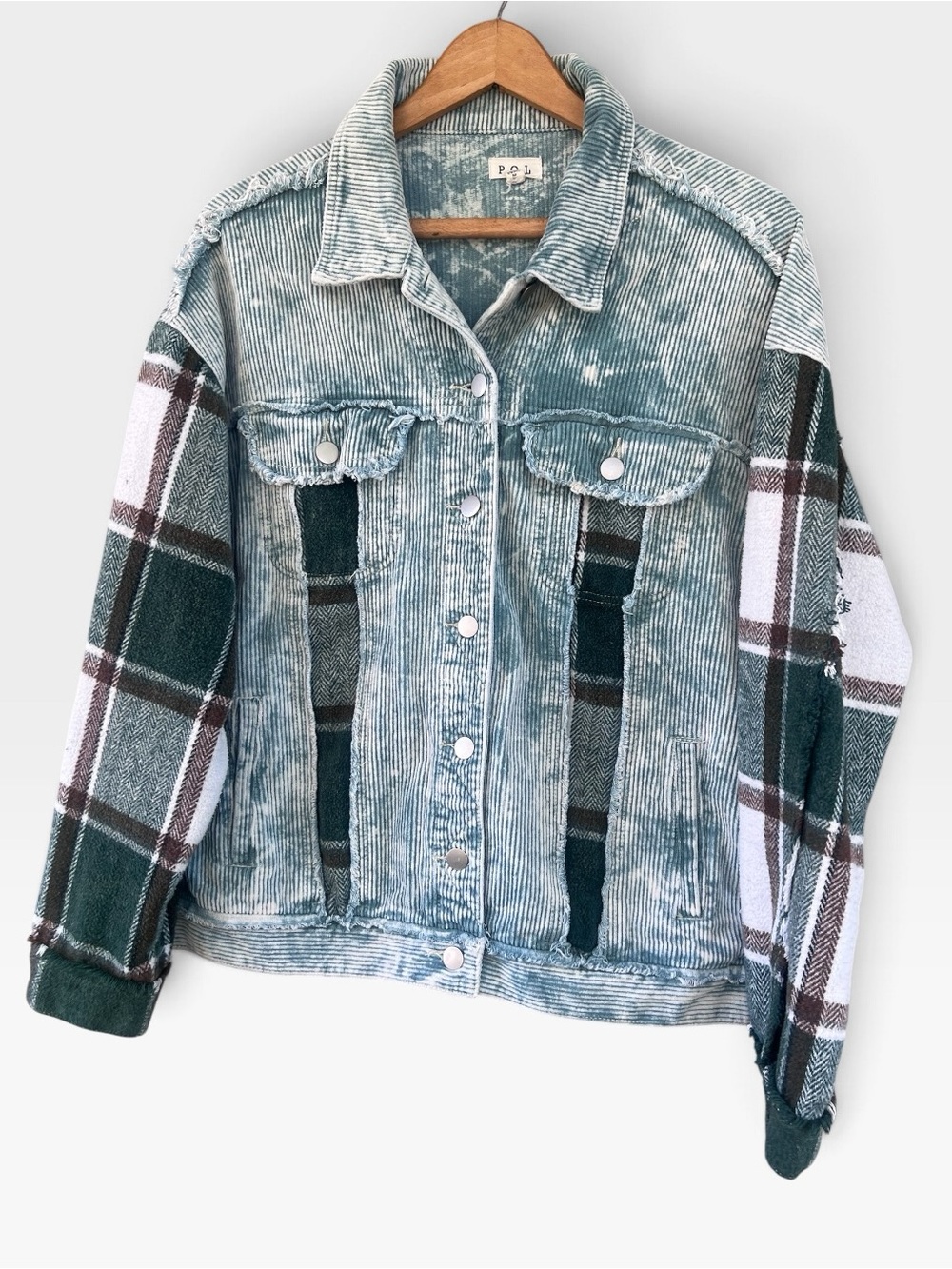Pol Clothing Green Plaid Mixed-Media Corduroy Jacket - oversized Size S
